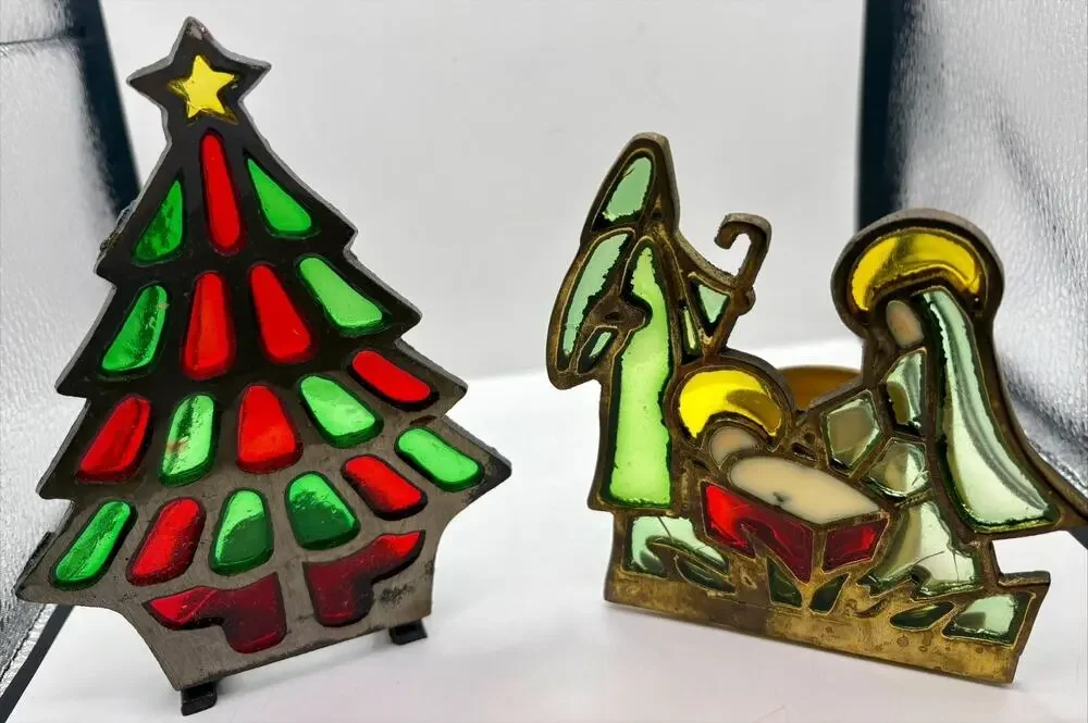 VTG Enesco Faux Stained Glass Christmas Tree and Nativity Scene Candle Holder